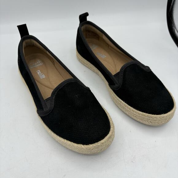Clarks Flats Womens Size 5.5‎ Azella Theoni Espadrille Suede Black Perforated - Picture 1 of 9
